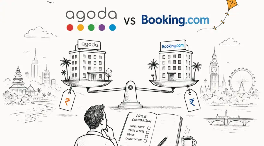 Agoda vs Booking.com hotel price comparison scales illustration