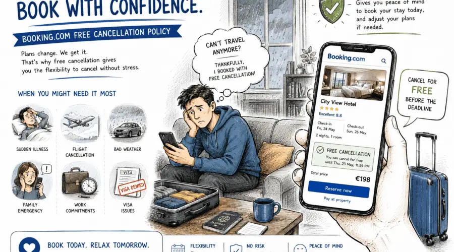 Booking.com free cancellation policy explained illustration