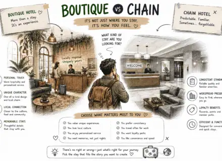 Boutique hotel vs chain hotel lobby comparison illustration