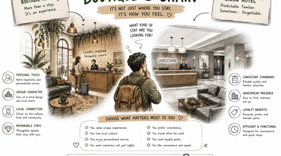 Boutique hotel vs chain hotel lobby comparison illustration