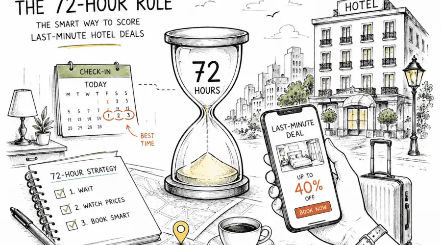 72-hour last minute hotel booking strategy hourglass illustration