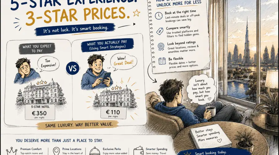 5-star hotel at 3-star prices smart booking strategy illustration