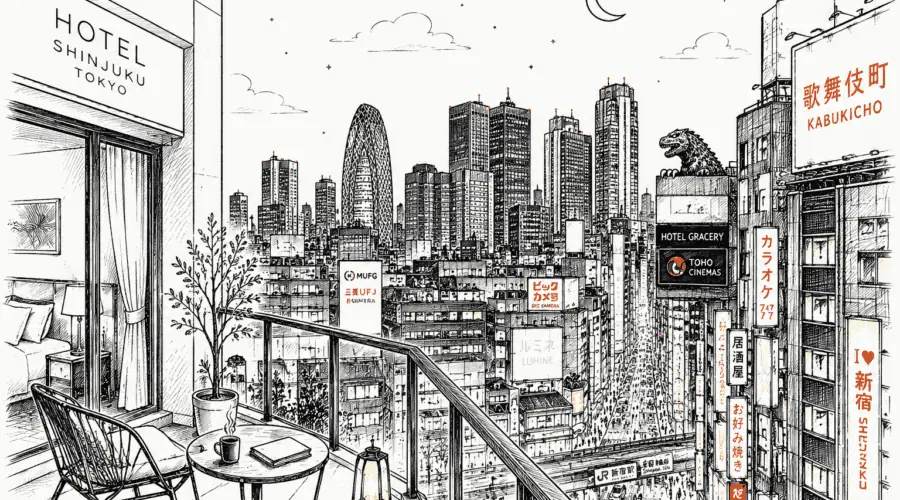 Tokyo Hotel Shinjuku night skyline illustration
