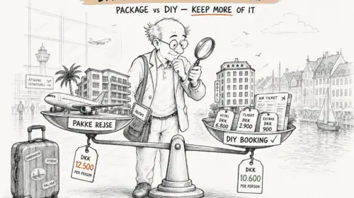 Danish travelers outbound spending package holiday vs DIY booking Mr Bookie illustration