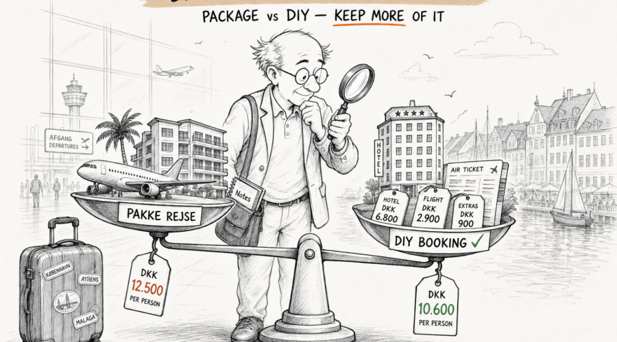 Danish travelers outbound spending package holiday vs DIY booking Mr Bookie illustration